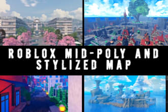 create mid poly map, stylized roblox map, terrains, landscapes for roblox game