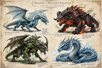 do concept art for dragons and monsters, creatures
