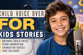 narrate kids story as child voiceover, cartoon audiobook voice actor narration