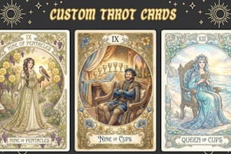 design custom art nouveau tarot card, oracle card deck with unique box