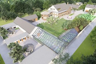render realistic 3d farmhouse master plan, detached outbuildings, paved driveway