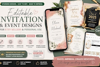 design editable canva invitation, greeting card, planners  for etsy sellers