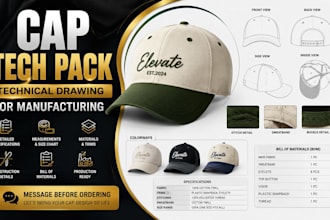 create cap tech pack with technical drawing for manufacturing