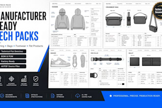 create a manufacturer ready tech pack for clothing bags footwear and pet product
