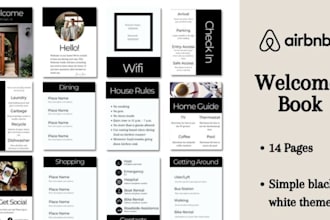 provide 3 page airbnb guest welcome book design modern editable canva workbook