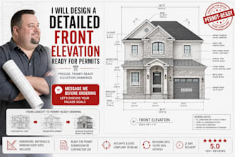 front elevation and facade drawings, materials, window details