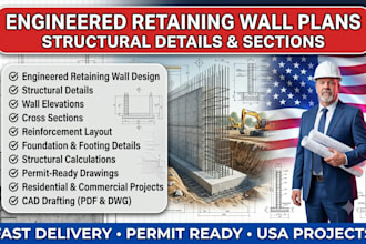design engineered retaining wall plans with structural details and sections