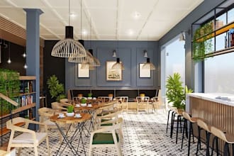 design interior cafe garden, outdoor seating 3d rendering in sketchup vray cad