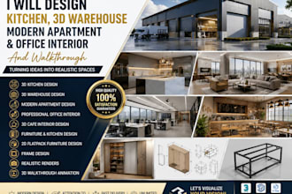 design 3d kitchen warehouse apartment and office interior with walkthrough