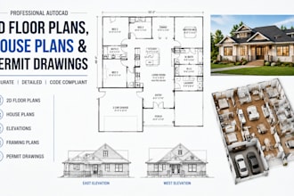 create autocad 2d floor plans, house plans, framing plans, and permit drawings