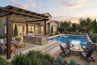 do realistic 3d landscape, outdoor kitchen fire pit patio pool pergola exterior
