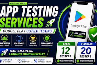 provide 12 testers or 20 testers for mobile app testing goggle play testers