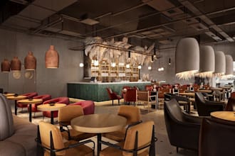 photorealistic restaurant 3d interior rendering,cafe, coffee shop design,2d plan