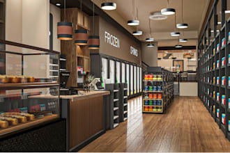 3d retail interior,grocery market,convenience shop,checkout counter,store shelve