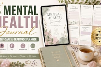 design mental health journal, gratitude, self care, spiritual notebook on canva