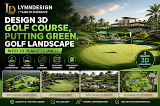 design 3d golf course, putting green, golf landscape with 3d realistic image