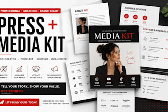 design a professional press kit and media kit for podcast, ugc creator, youtube