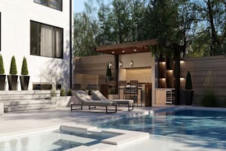 do backyard design, pool, patio, garden landscape render as landscape architect