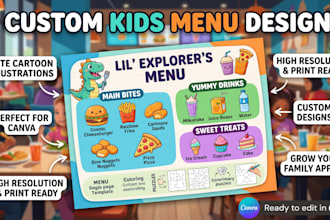 design cute kids menu with cartoon food illustrations for restaurants in canva