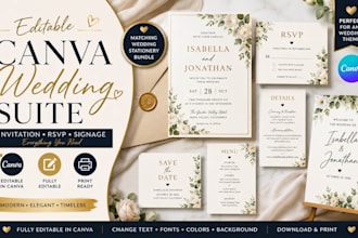 design editable canva wedding invitation sets, rvsp cards, and signage boards