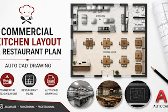 design commercial kitchen layout, restaurant plan and autocad drawing