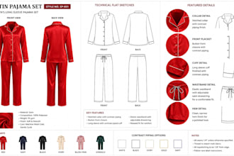 create a professional pajama set tech pack for apparel manufacturing designer