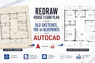redraw house floor plan from old sketches, pdf or blueprints into autocad