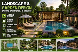 do landscape design, garden design, backyard, swimming pool,  3d render image