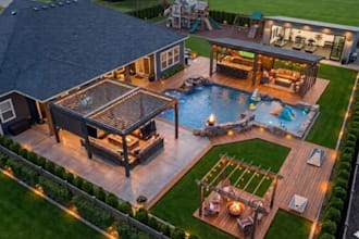 design a luxury backyard with patio, pergola, pool, garden and outdoor living