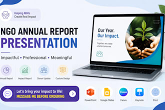design ngo annual report presentation, impact report, powerpoint google slides