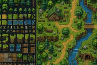 design 2d pixel art tileset, tilemap, rpg map, pokemon map and game environment