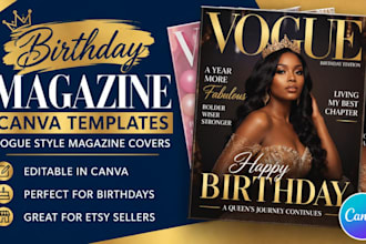 design birthday magazine canva template, editable canva vogue magazine cover