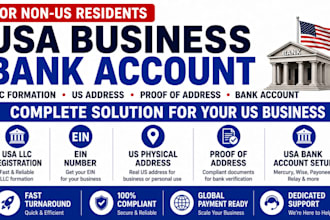 create business us bank for USA llc owners, provide US address, proof of address