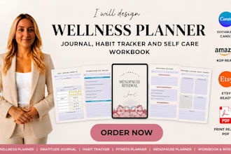 design wellness planner, journal, habit tracker and self care workbook in canva
