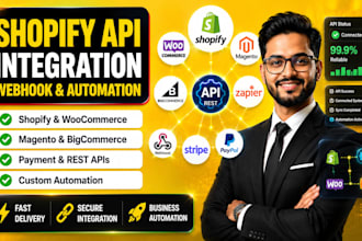 integrate shopify API, woocommerce API, bigcommerce, magento API, zapier webhook