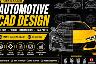 design 3d car, vehicle cad models, car parts, manufacturing and rendering