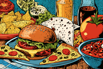 draw a illustration of food pop art