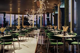 stylish restaurant, cafe interior design with realistic 3d render, bar,2d layout