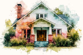 create a watercolor house portrait or buildings
