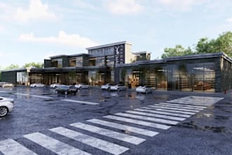 detailed3d commercial building exterior,shopping mall complex,parking lot render