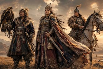 create cinematic mongolian nomadic fantasy character art