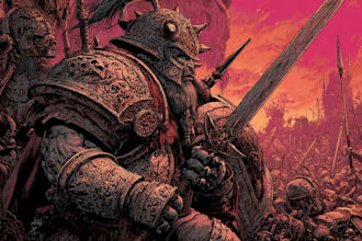 draw epic grimdark sci fi warrior character art inspired by warhammer 40k