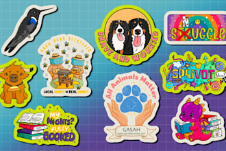 draw cartoon doodle stickers, hand drawn designs for print
