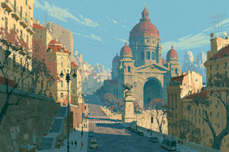 draw urban landscape illustrations of a city, monument, street