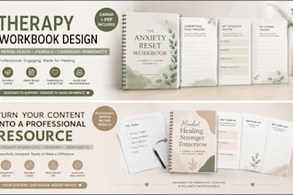 design therapy workbook, mental health journal and counseling worksheets