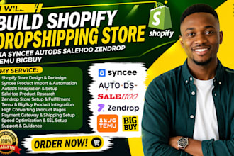 build shopify dropshipping store via syncee autods salehoo zendrop temu bigbuy