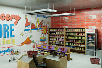 optimize 3d retail shop interior,cgi food stall,supermarket,grocery store design