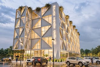 reference to cgi render,commercial complex,parking lot,apartment exterior design