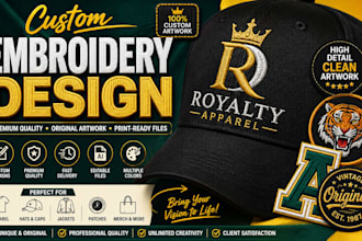 do custom embroidery design for logo, monogram, patch, applique and apparel