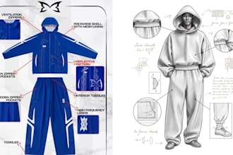 design streetwear hoodie active wear clothing tech pack with flat sketches